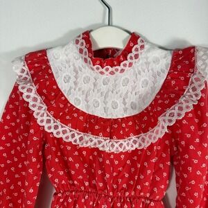 Vintage Red Floral Prairie Dress Lace Bib Collar Long Sleeve Ruffle Hem Red